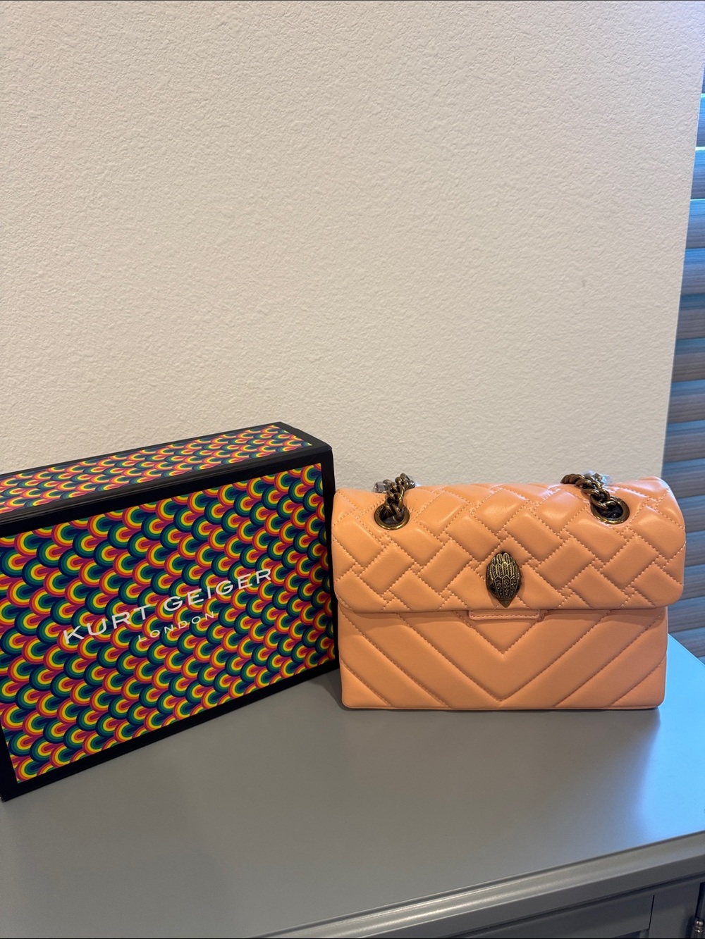 Kurt Geiger Quilted Peach Leather Shoulder Bag with Chain Strap